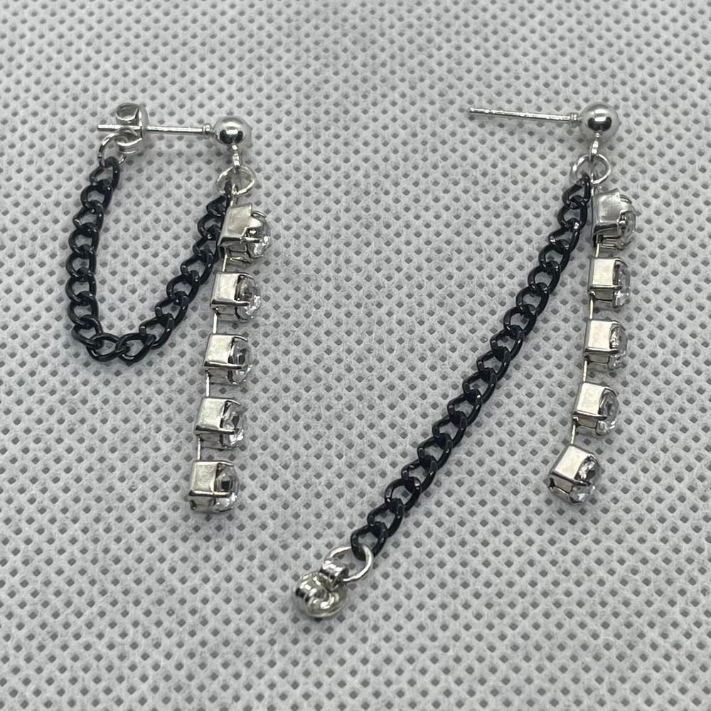 Black Chain & Clear Gem Link Stud Earrings